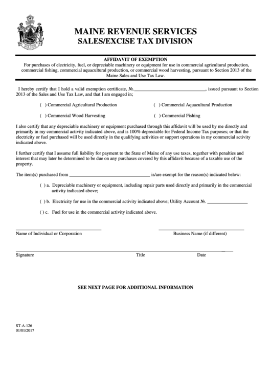 Form St-A-126 - Affidavit Of Exemption - Sales/excise Tax Division Printable pdf