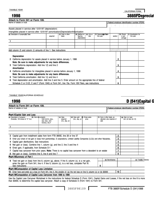 Fillable Form 3885f - Depreciation And Amortization - 1998 And Schedule D (541) - Capital Gain And Loss - 1998 Printable pdf