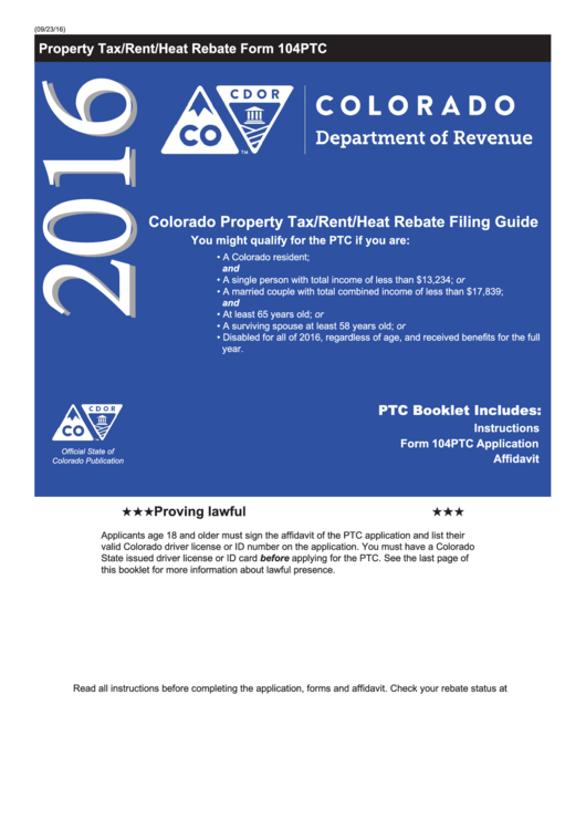 Fillable Form 104 Ptc - Colorado Property Tax/rent/heat Rebate Application - 2016 Printable pdf