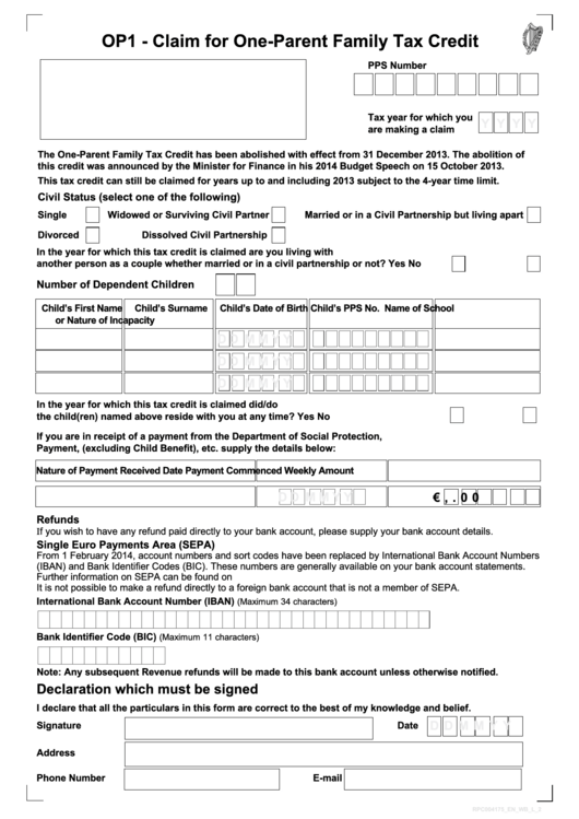 Fillable Form Op1 - Claim For One-Parent Family Tax Credit Printable pdf