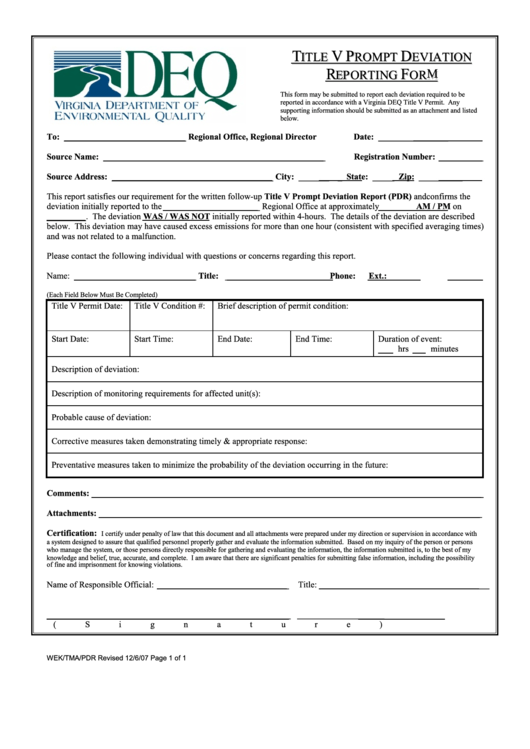 Form Wek/tma/pdr - Title V Prompt Deviation Reporting - Virginia Department Of Environmental Quality Printable pdf
