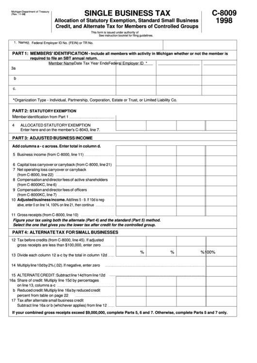 Fillable Form C-8009 - Single Business Tax Allocation Of Statutory Exemption, Standard Small Business Credit, And Alternate Tax For Members Of Controlled Groups - 1998 Printable pdf