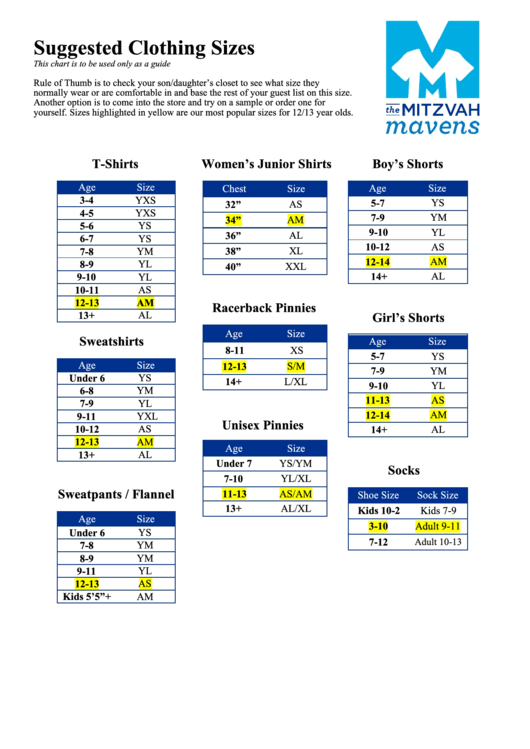 The Mitzvah Mavens Clothing Size Chart Printable pdf