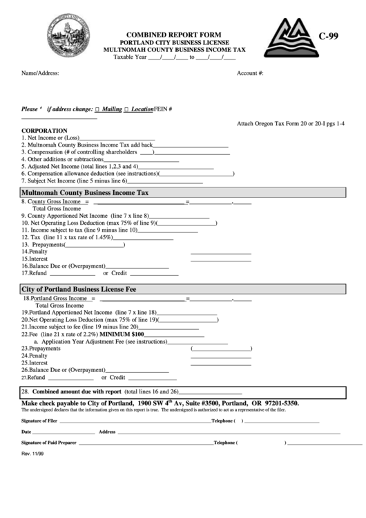 Form C-99 - Combined Report Form - Multnomah County Business Income Tax Printable pdf