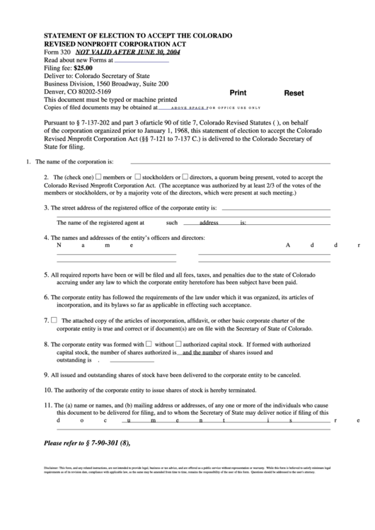 Fillable Statement Of Election To Accept The Colorado Revised Nonprofit Corporation Act Printable pdf