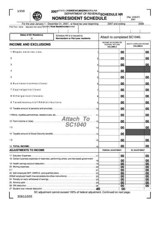 Form 3081 - Schedule Nr - Attach To Sc1040 - Nonresident Schedule - 2007 Printable pdf