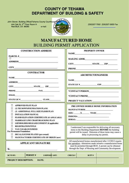 Manufactured Home Building Permit Application - County Of Tehama - Department Of Building & Safety Printable pdf