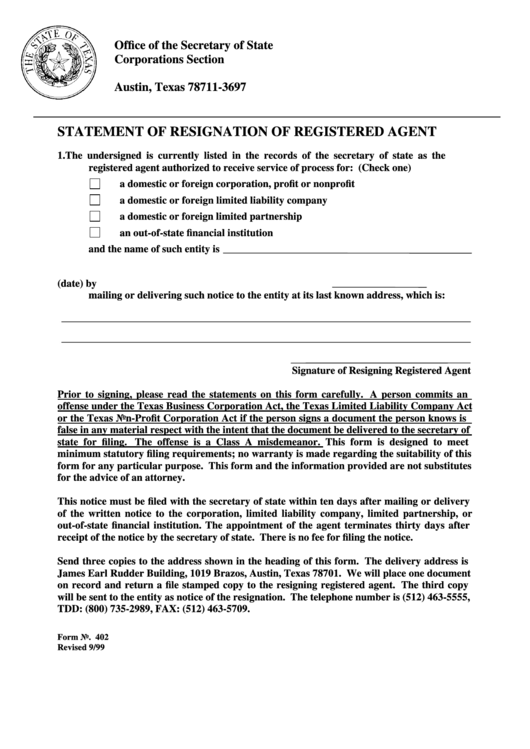 Form 402 - Statement Of Resignation Of Registered Agent Printable pdf