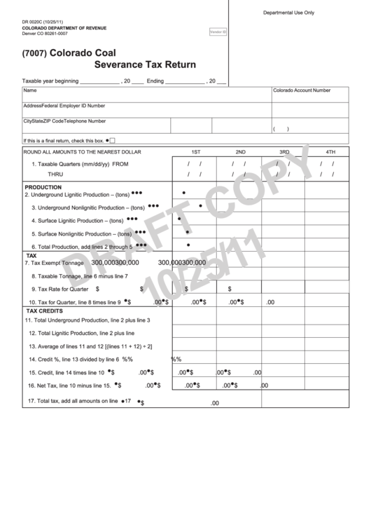 Form Dr 0020c - Colorado Coal Severance Tax Return - Department Of Revenue - Draft Printable pdf