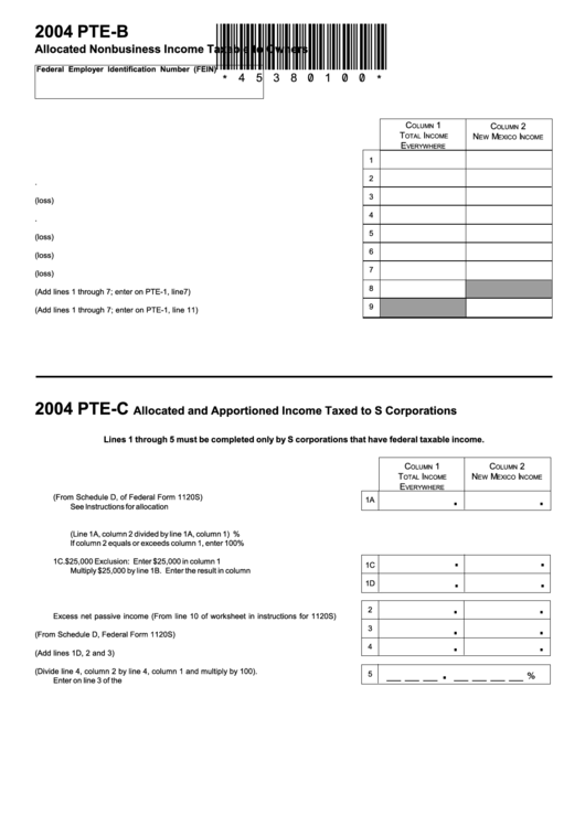 Form Pte-B - Allocated Nonbusiness Income Taxable To Owners - 2004 Printable pdf