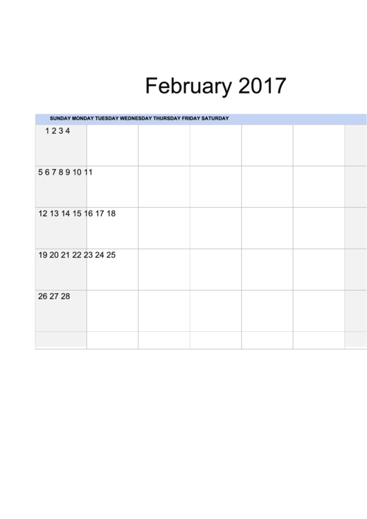 2017 February Calendar Template Printable pdf