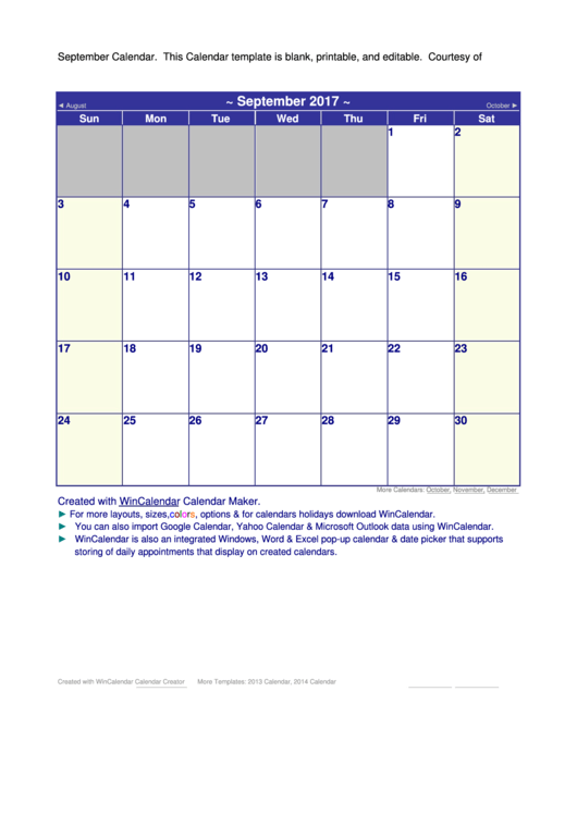 2017 September Calendar Template Printable pdf