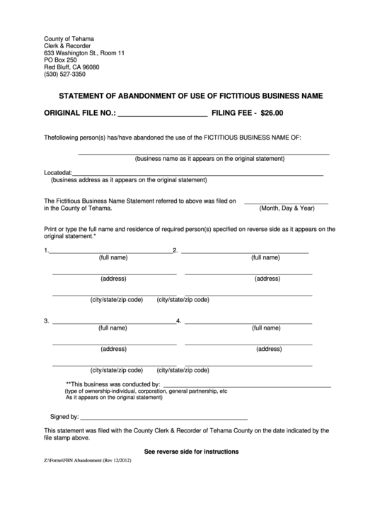 Fillable Form Fbn - Statement Of Abandonment Of Use Of Fictitious Business Name - County Of Tehama - Clerk & Recorder Printable pdf