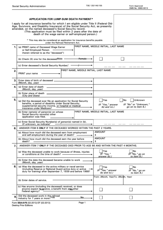 Form Ssa-8-F6 - Application For Lump-Sum Death Payment Printable pdf