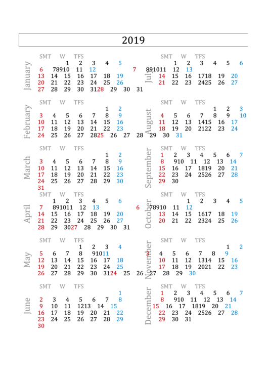 2019 Calendar Template Printable pdf