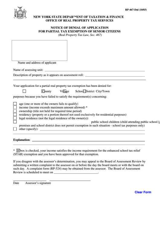 Fillable Form Rp-467-Dnl - Notice Of Denial Of Application For Partial Tax Exemption Of Senior Citizens - 2003 Printable pdf