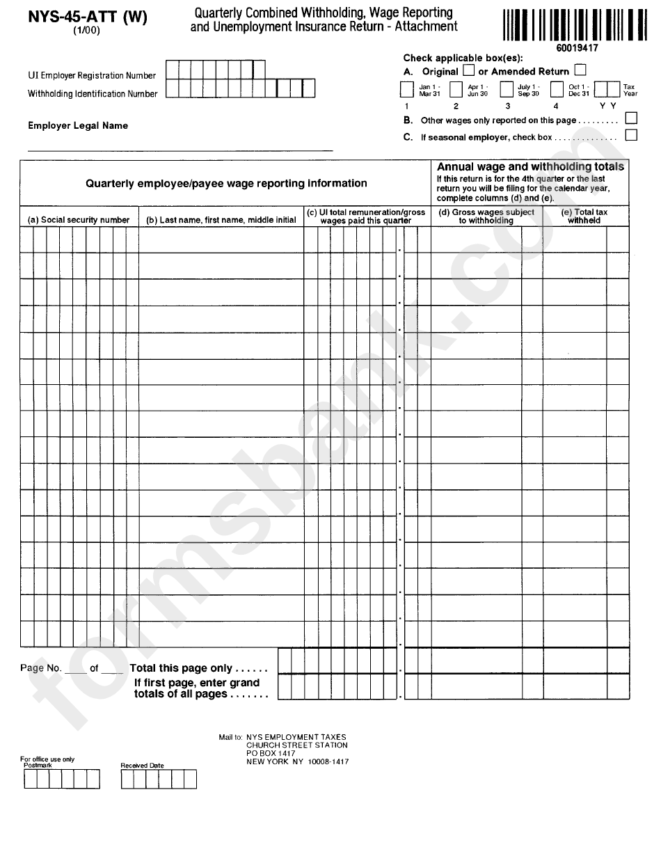 Form Nys-45-Att (W) - Quarterly Combined Withholding, Wage Reporting And Unemployment Insurance Return