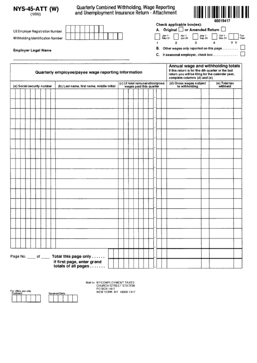 Form Nys-45-Att (W) - Quarterly Combined Withholding, Wage Reporting And Unemployment Insurance Return Printable pdf