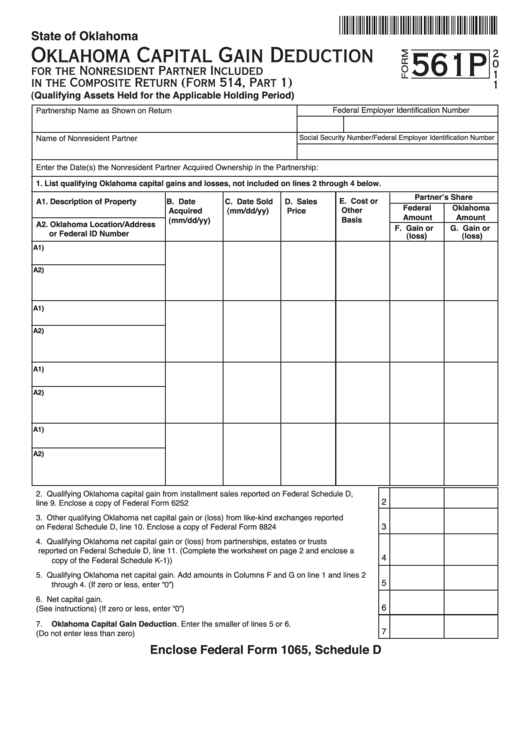 Fillable Form 561p - Oklahoma Capital Gain Deduction For The Nonresident Partner Included In The Composite Return - 2011 Printable pdf