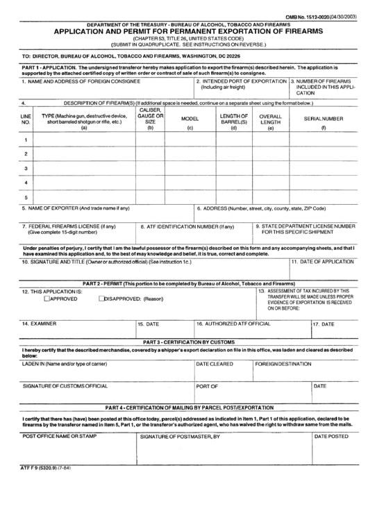 Form Atf F 9 (5320.9) - Application And Permit For Permanent Exportation Of Firearms - Bureau Of Alcohol, Tobacco And Firearms Printable pdf