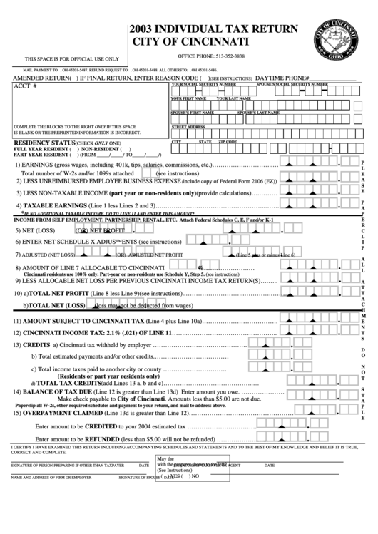 Individual Tax Return Form - City Of Cincinnati - 2003 Printable pdf