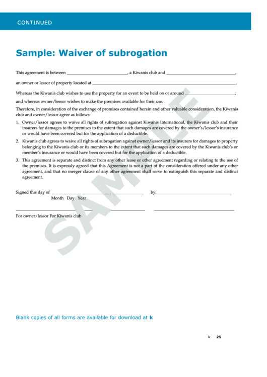 Waiver Of Subrogation Sample Form Printable pdf