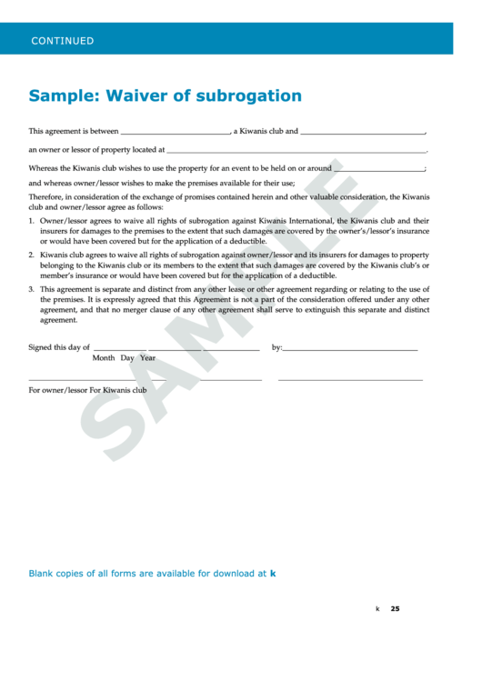 Waiver Of Subrogation Sample Form printable pdf download