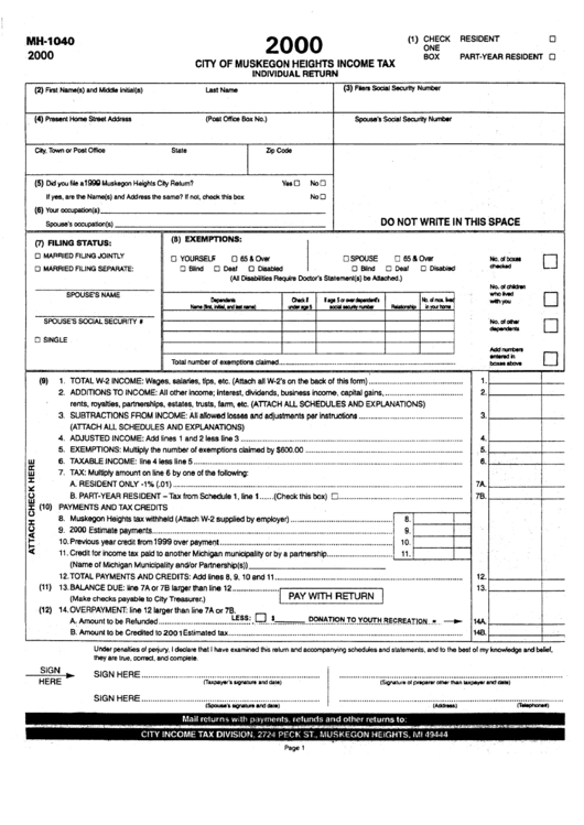 Form Mh-1040 - City Of Muskegon Heights Income Tax Individual Return - 2000 Printable pdf