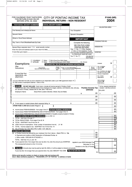 Form P1040 (Nr) - City Of Pontiac Income Tax, Individual Return - Non Resident - 2004 Printable pdf