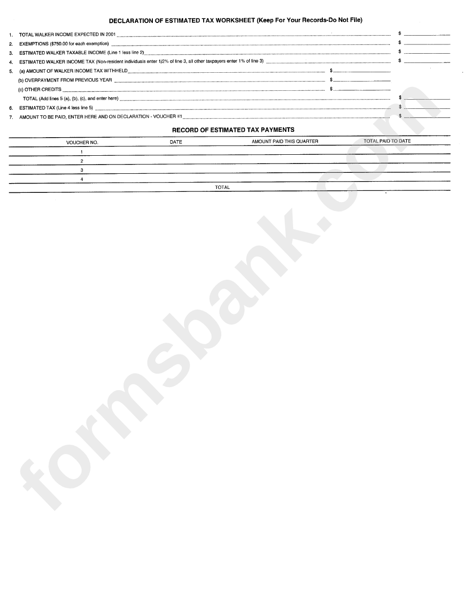 Declaration Of Estimated Tax Worksheet - 2001