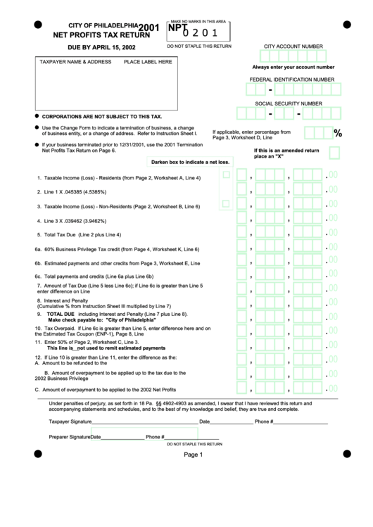 Form Npt - Net Profits Tax Return - 2001 printable pdf download