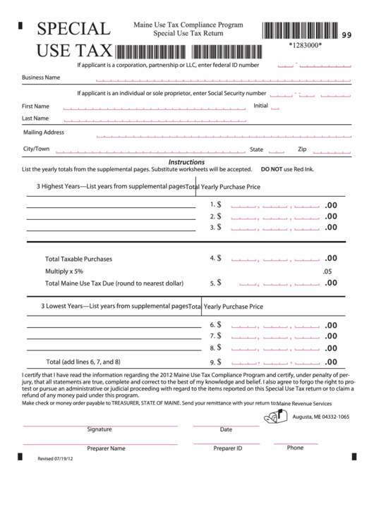 Maine Use Tax Compliance Program Special Use Tax Return Printable pdf