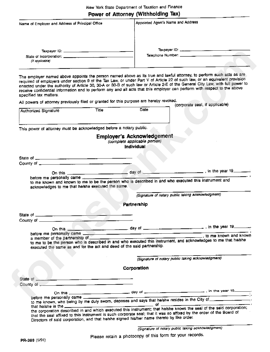Form Pr-388 - Power Of Attorney (Withholding Tax)