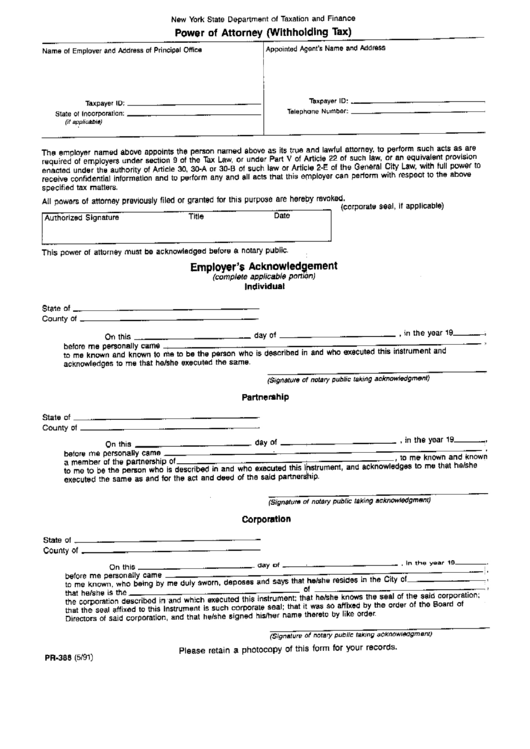 Form Pr-388 - Power Of Attorney (Withholding Tax) Printable pdf