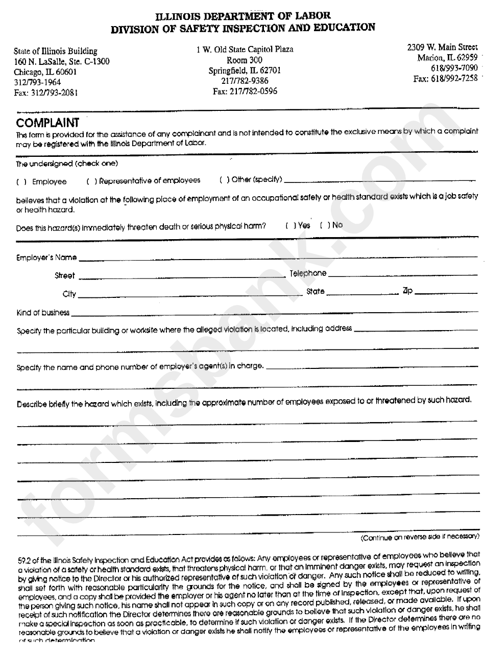 Complaint Form - Illinois Department Of Labor - Division Of Safety Inspection And Education