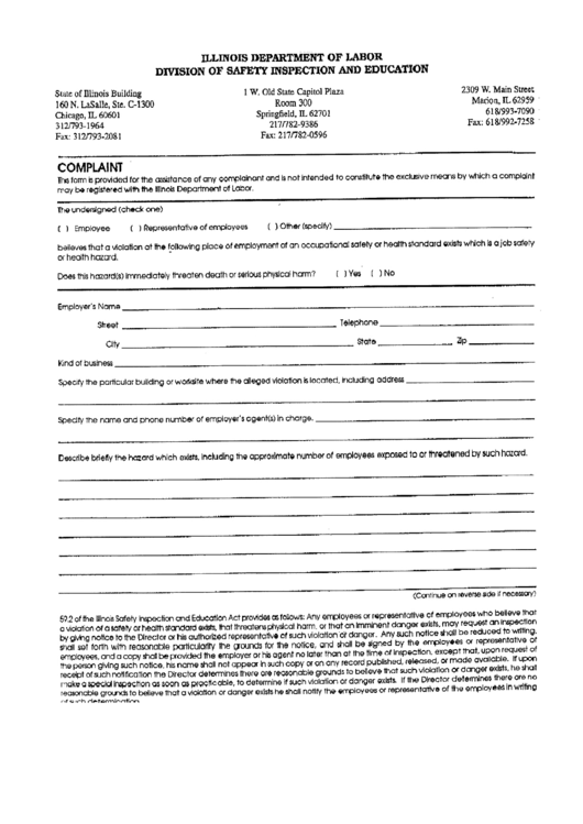 Complaint Form - Illinois Department Of Labor - Division Of Safety Inspection And Education Printable pdf