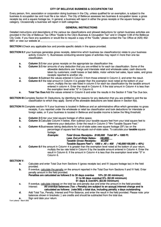 Instructions For City Of Bellevue Business & Occupation Tax Printable pdf