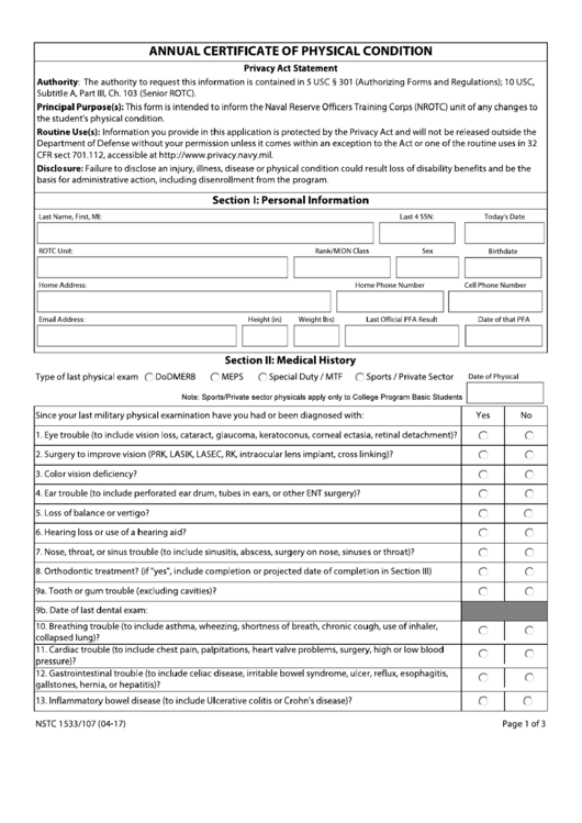 Form Nstc 1533/107 - Annual Certificate Of Physical Condition Printable pdf