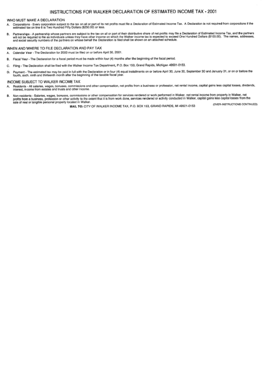 Declaration Of Estimated Tax Worksheet & Record Of Estimated Tax Payments - City Of Walker, Michigan - 2001 Printable pdf