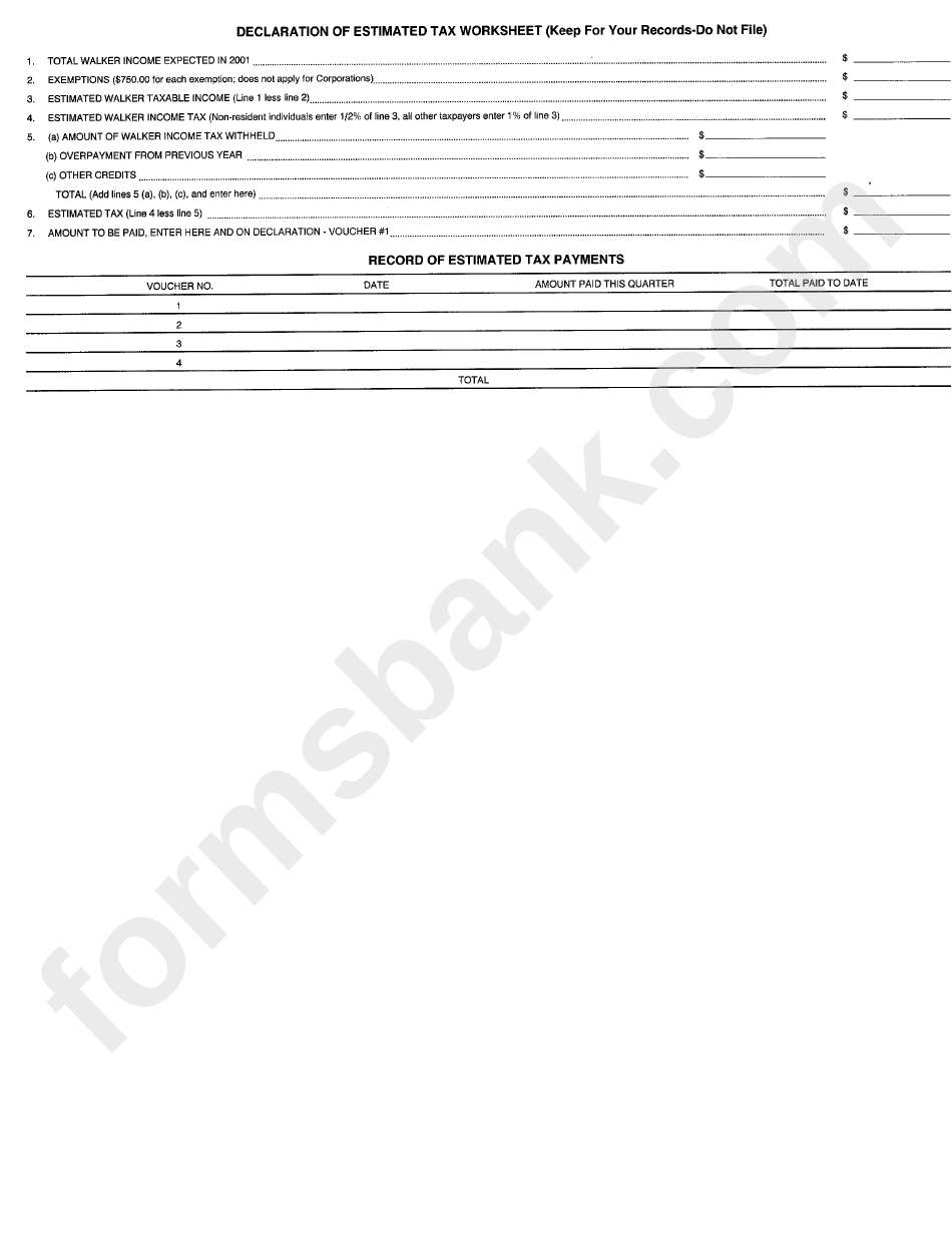 Declaration Of Estimated Tax Worksheet & Record Of Estimated Tax Payments - City Of Walker, Michigan - 2001