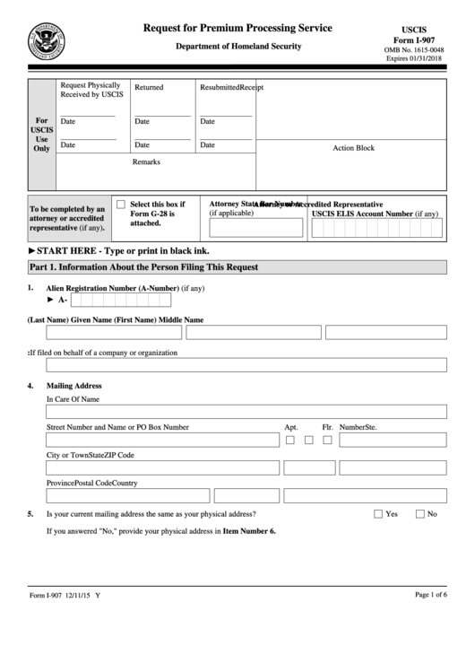 Fillable Form I-907 - Request For Premium Processing Service - Department Of Homeland Security Printable pdf