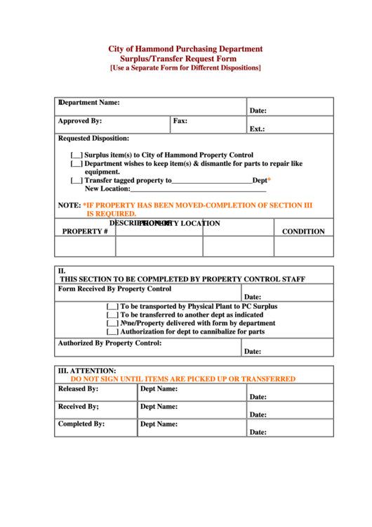 Surplus/transfer Request Form Printable pdf