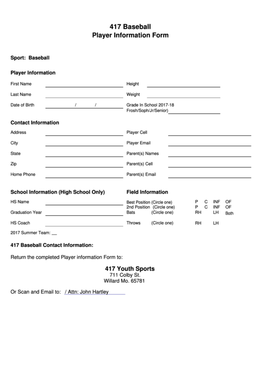Player Information Form Printable pdf