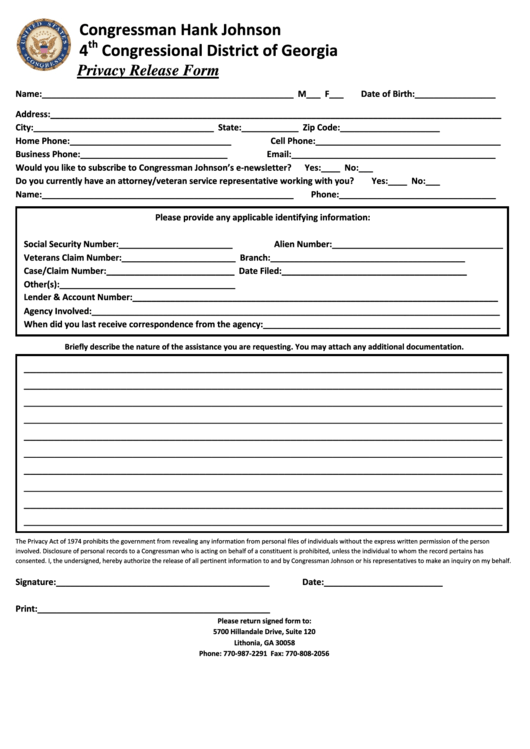 Fillable Privacy Release Form Printable pdf