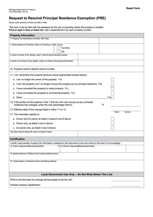 Fillable Form 2602 - Request To Rescind Principal Residence Exemption - 2013 Printable pdf