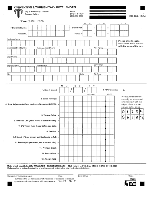 Form Rd-106 - Convention And Tourism Tax -Hotel/ Motel Printable pdf