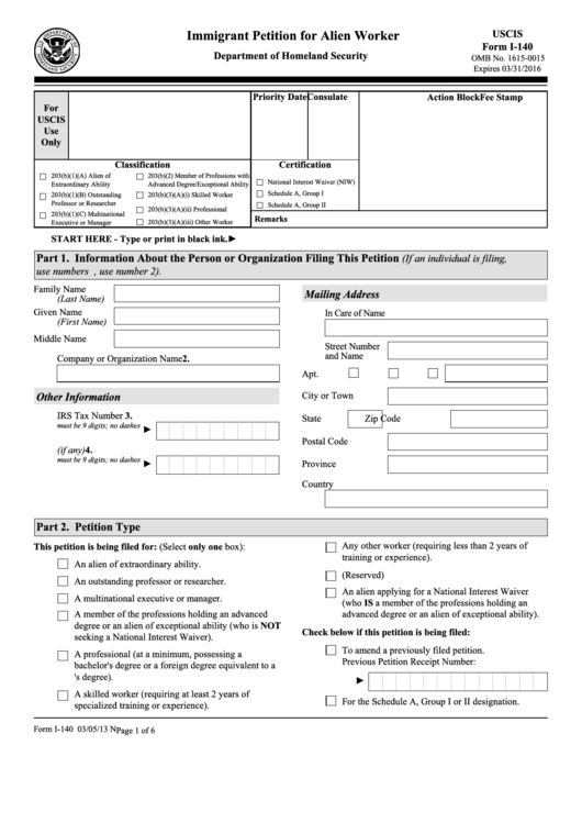 Form I-140 - Immigrant Petition For Alien Worker Printable pdf
