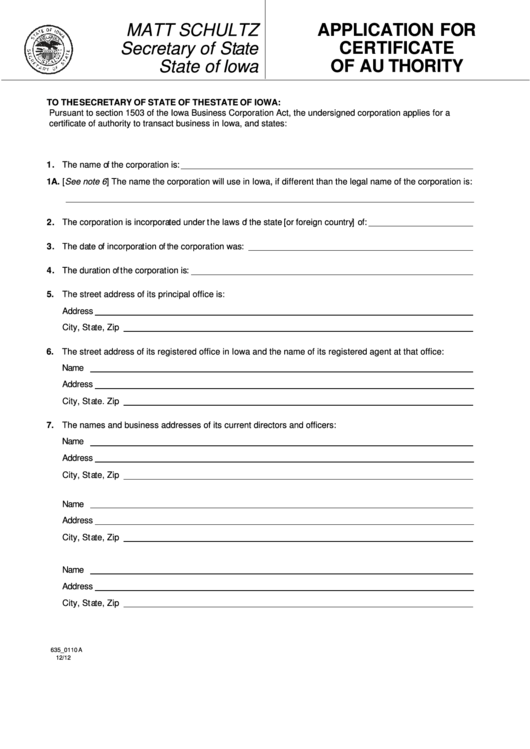 Fillable Form 635_0110a - Application For Certificate Of Authority - State Of Iowa - 2012 Printable pdf