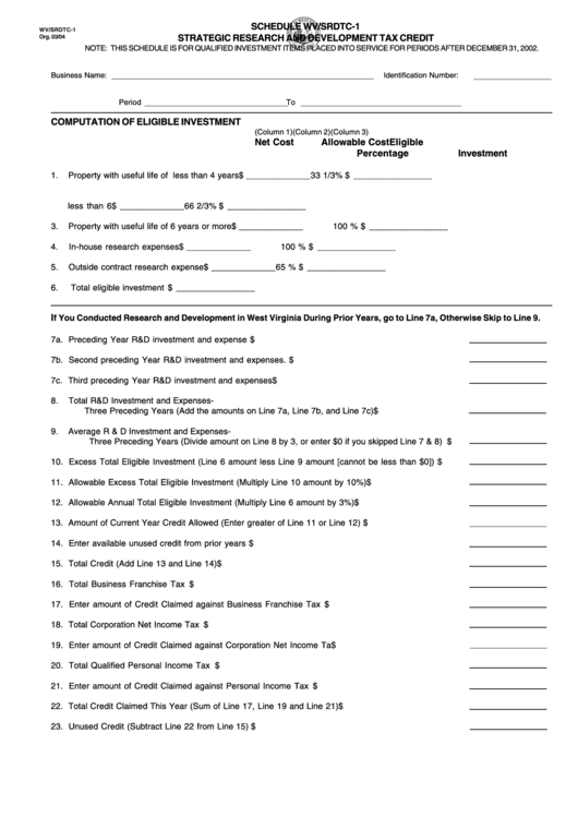 Schedule Wv/srdtc-1 - Strategic Research And Development Tax Credit/itemization Of Property Purchased For Strategic Research And Development Tax Credit Printable pdf