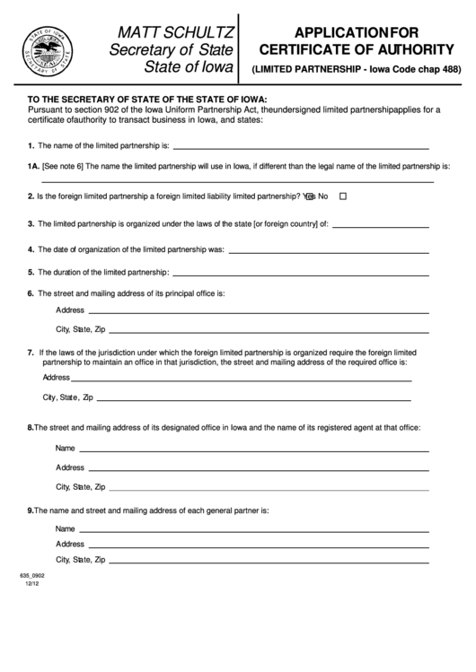 Fillable Form 635_0902 - Application For Certificate Of Authority Printable pdf